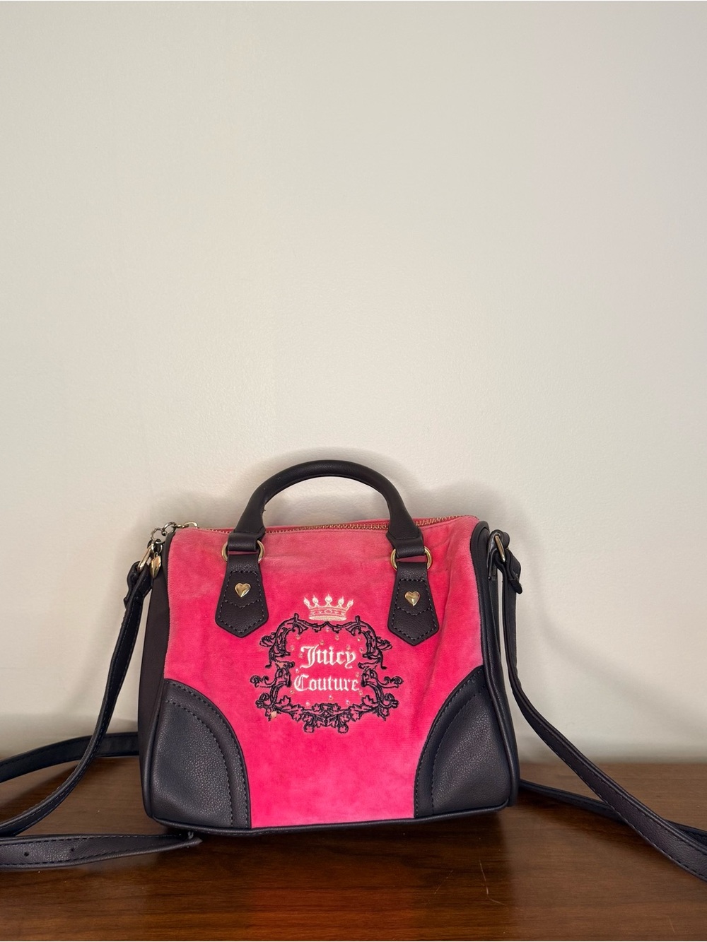 Juicy Couture Hot Pink Suede Satchel with Black Trim